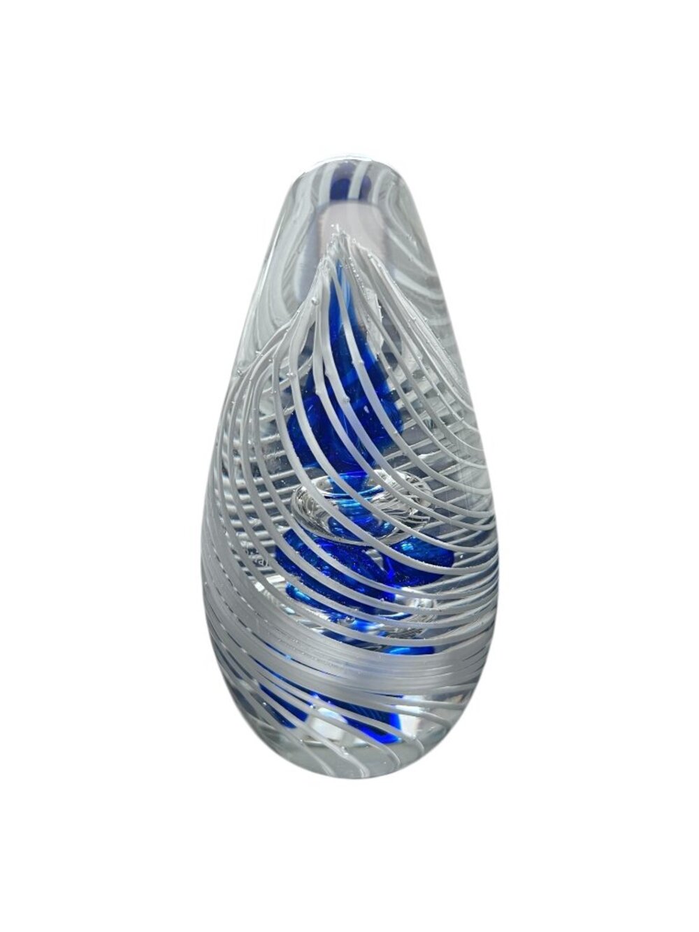 Blue White Swirl Art Glass Teardrop Paperweight Sculpture Heavy Blown Glass